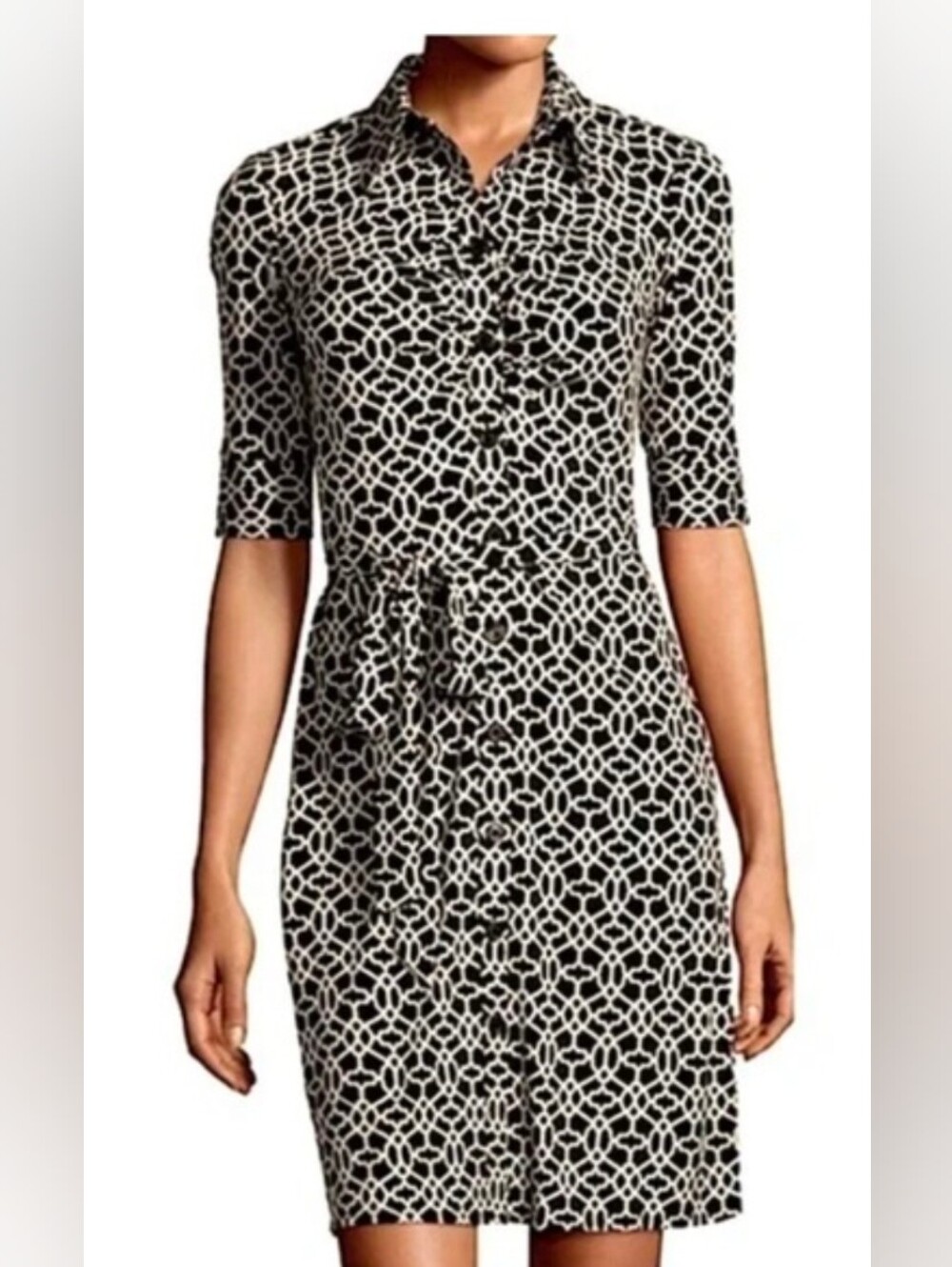 Laundry By Shelli Segal Black and Cream Geometric Wrap Midi Dress